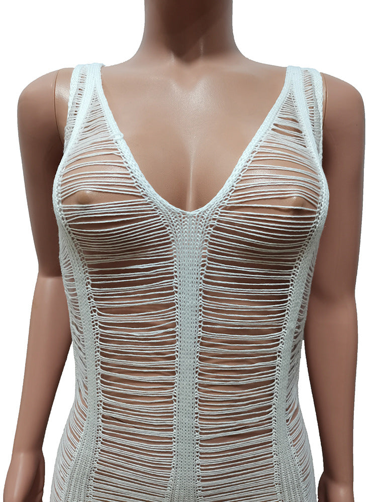 Sexy Solid Knit Sleeveless Hollow Out Midi Dress