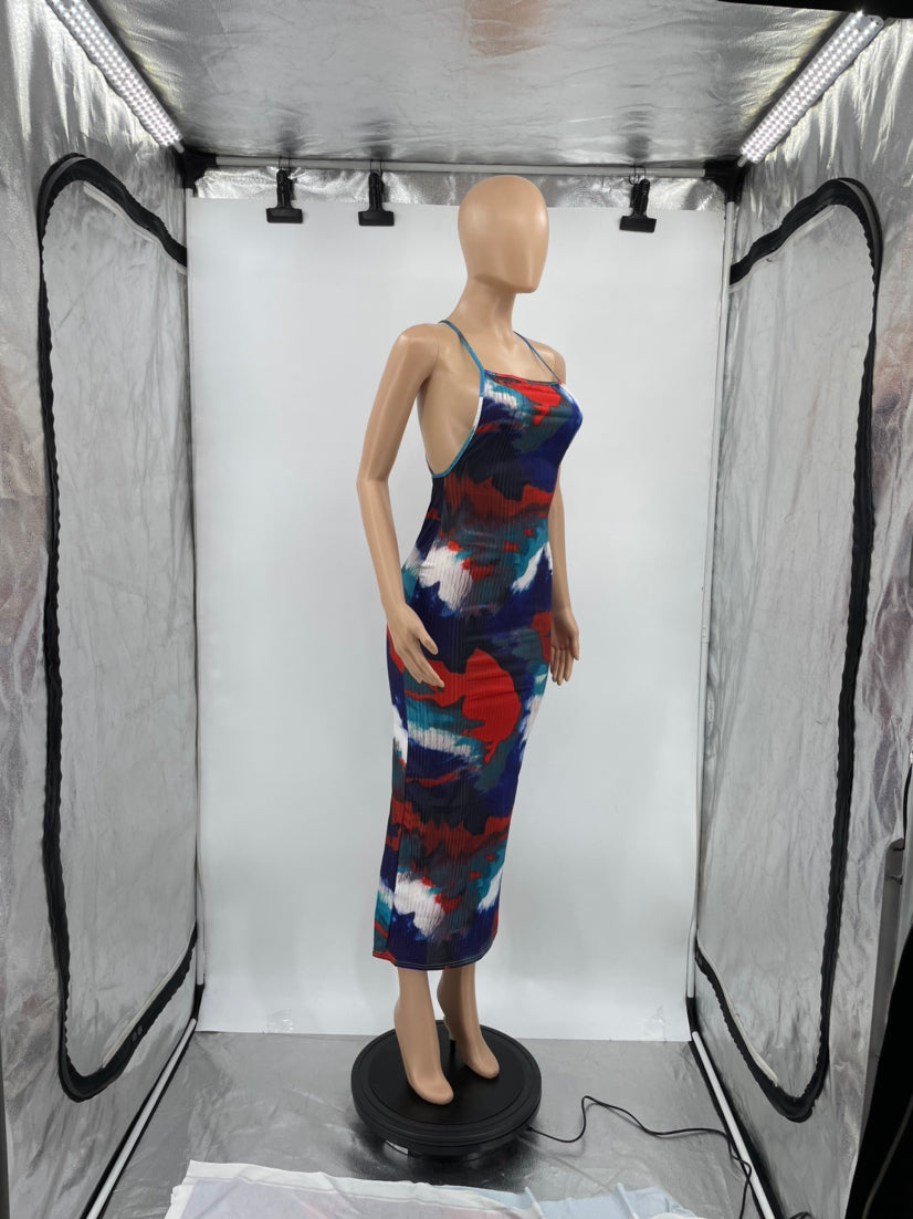 Sexy Tie Dye Print Cross Strap Slim Maxi Dress