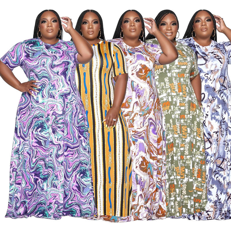 Sexy Plus Size Casual Loose Print Short Sleeve Maxi Dress