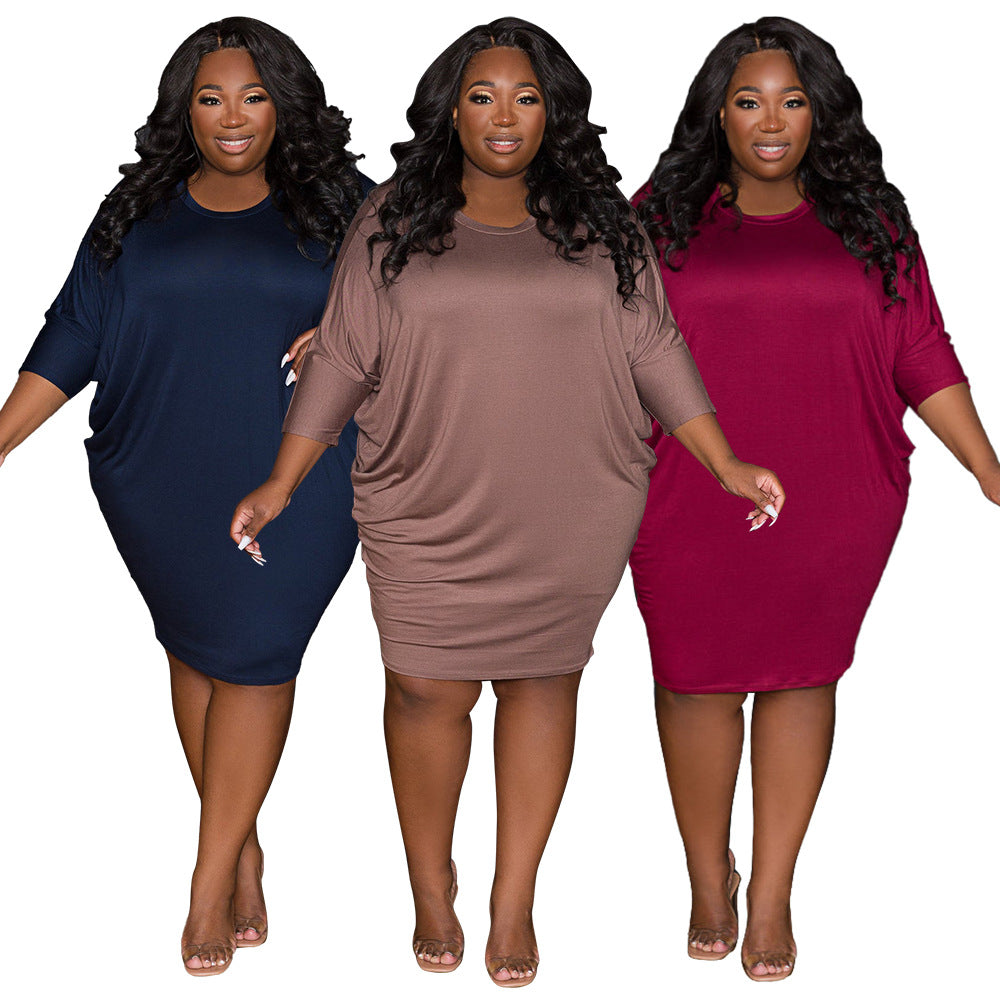 Sexy Plus Size Solid Batwsing Sleeve Dresses