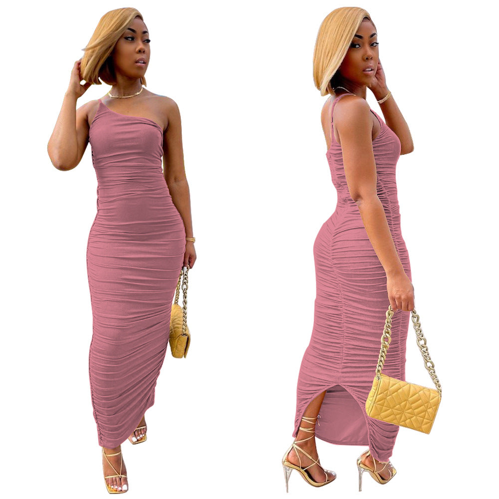 Sexy One-Shoulder Sling Solid Ruched Maxi Dress