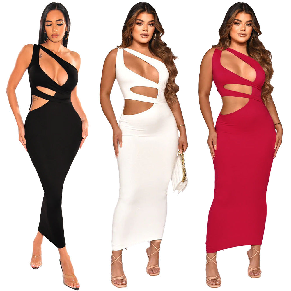 Sexy Sexy Solid Color Hollow Sloping Shoulder Slim Maxi Dress