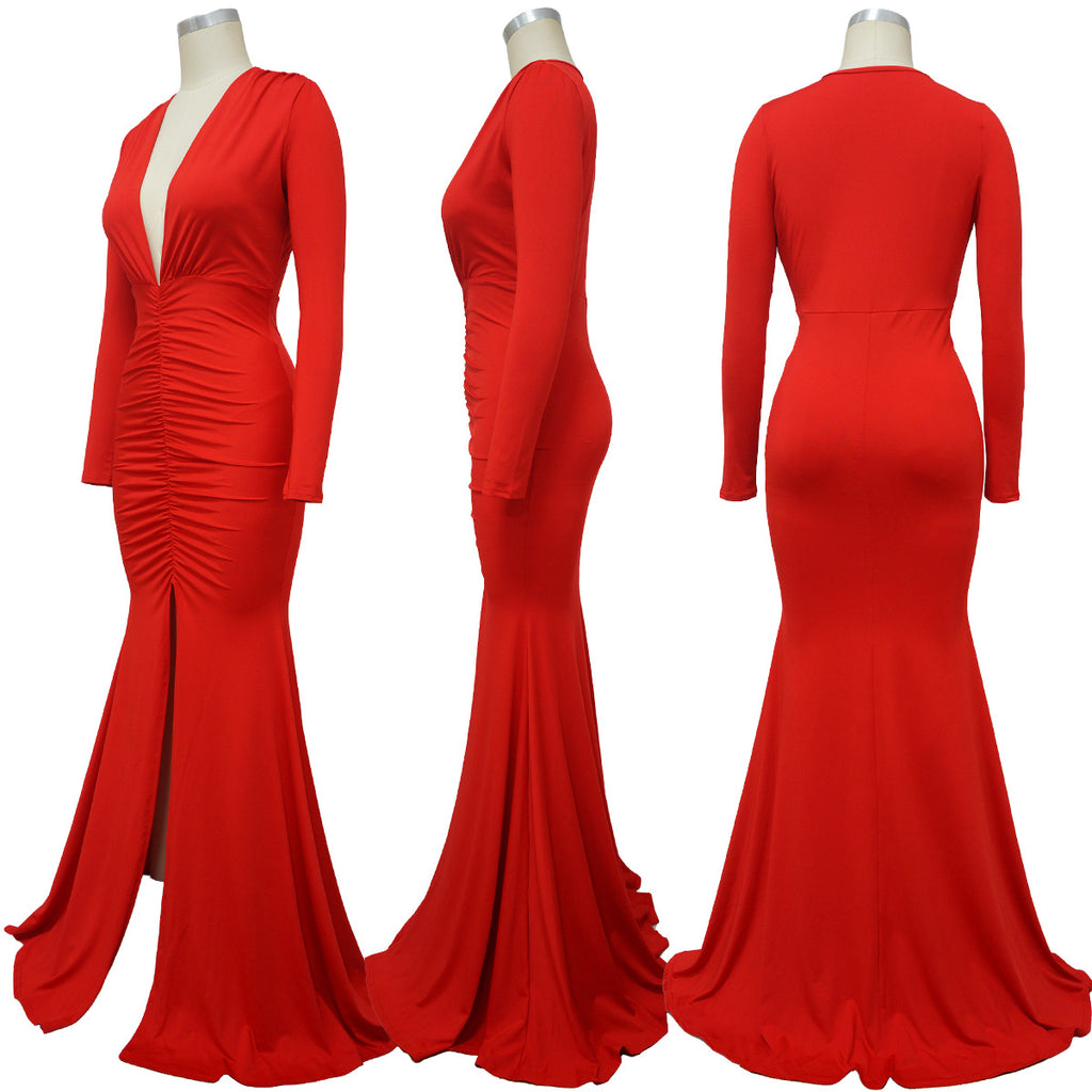 Sexy Solid Color Sexy V-Neck Slit Evening Dress