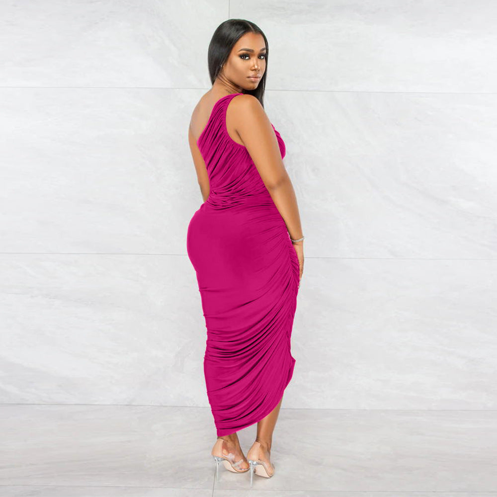 Sexy Sexy Solid Color Sloping Shoulder Ruched Slim Dress