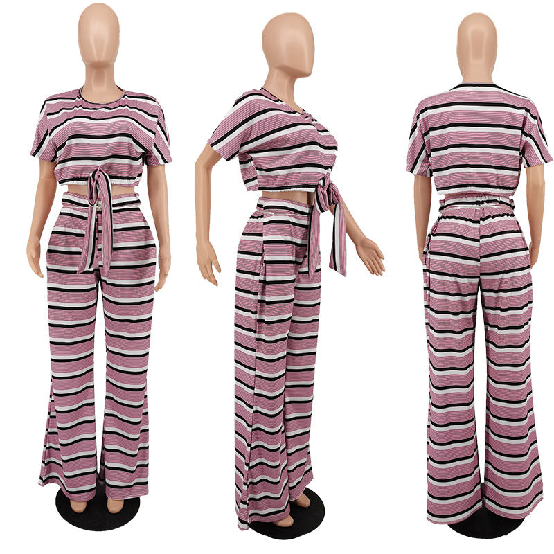Sexy Plus Size Casual Striped Tie-Up 2 Piece Pants Set