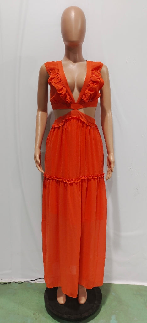 Sexy Sexy Ruffled V Neck Sleeveless Backless Hollow Maxi Dress