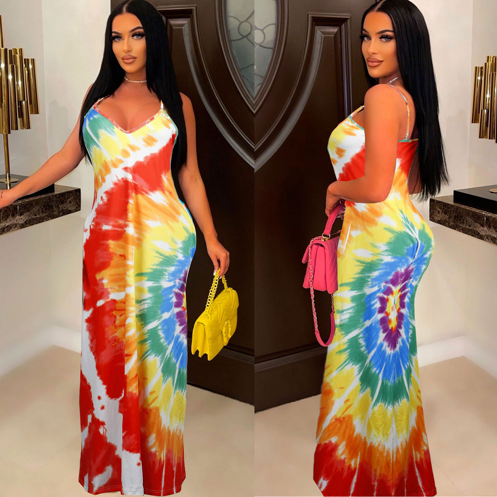 Sexy Tie Dye Print Spaghtti Strap Maxi Dress