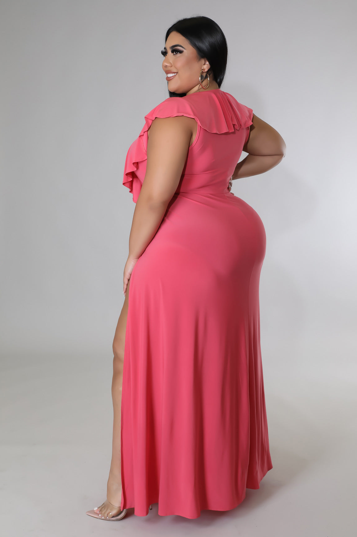 Sexy Plus Size Solid Ruffle Split Maxi Dress