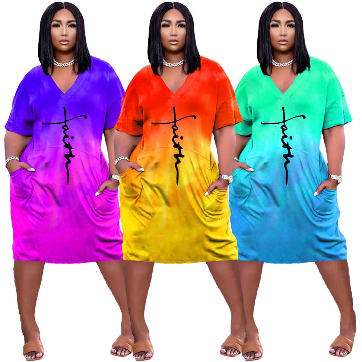 Sexy Gradient Letter V Neck Loose Midi Dress