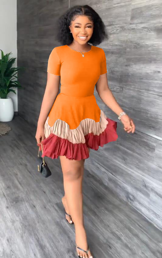 Sexy Short Sleeve Patchwork Pleated Mini Dress