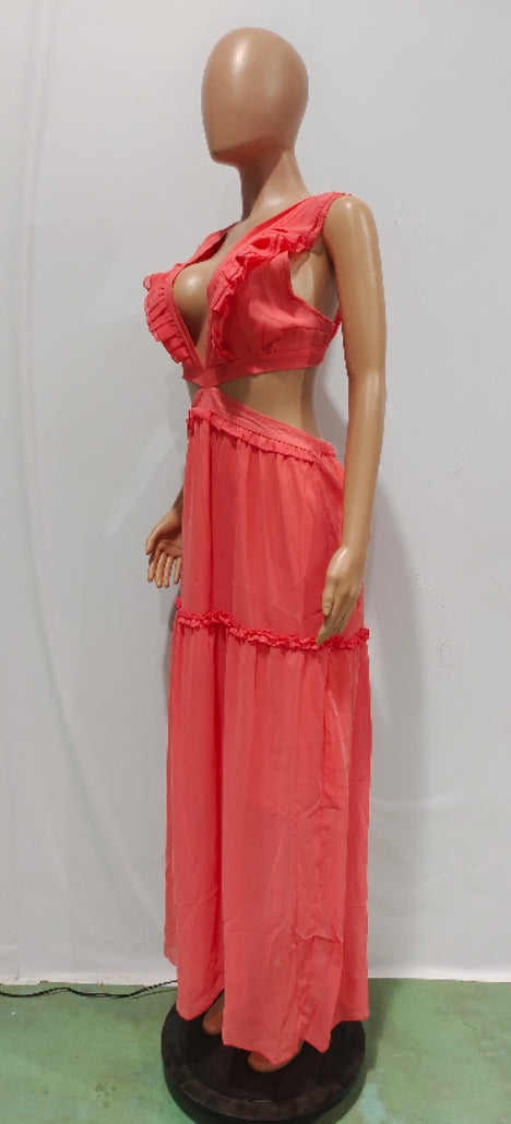 Sexy Sexy Ruffled V Neck Sleeveless Backless Hollow Maxi Dress