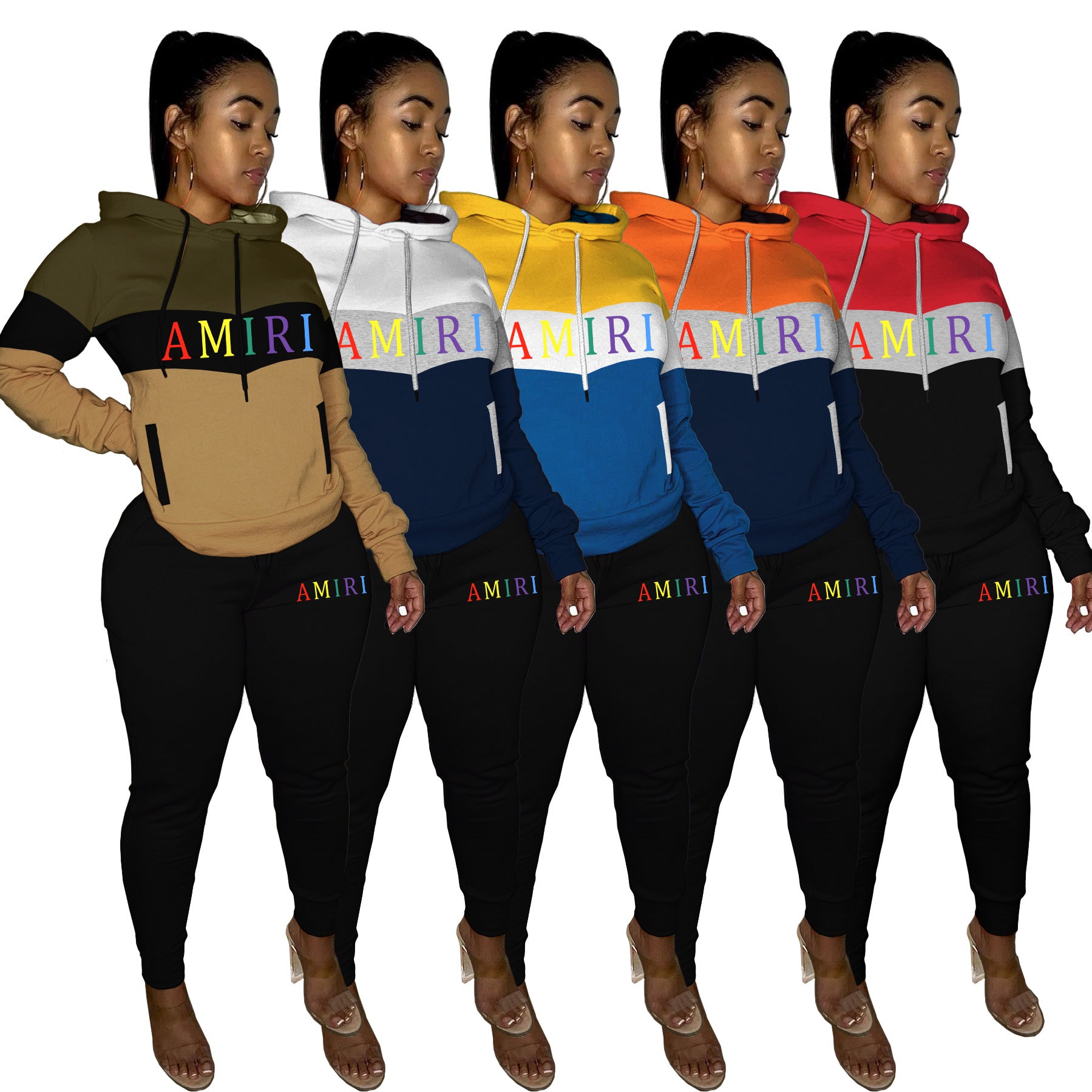 Sexy Contrast Color Splicing Hooded Sweatshirt Two Piece Pant Set