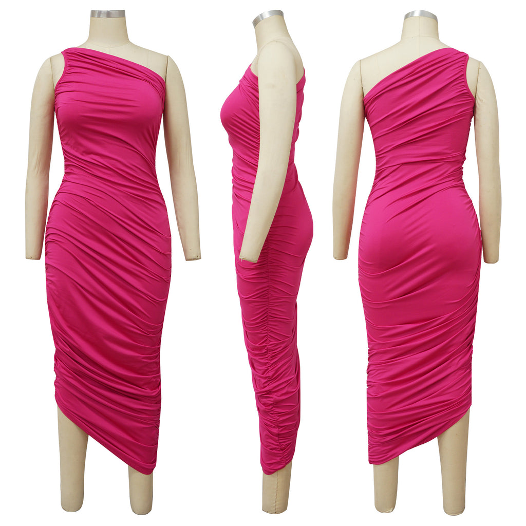 Sexy Sexy Solid Color Sloping Shoulder Ruched Slim Dress