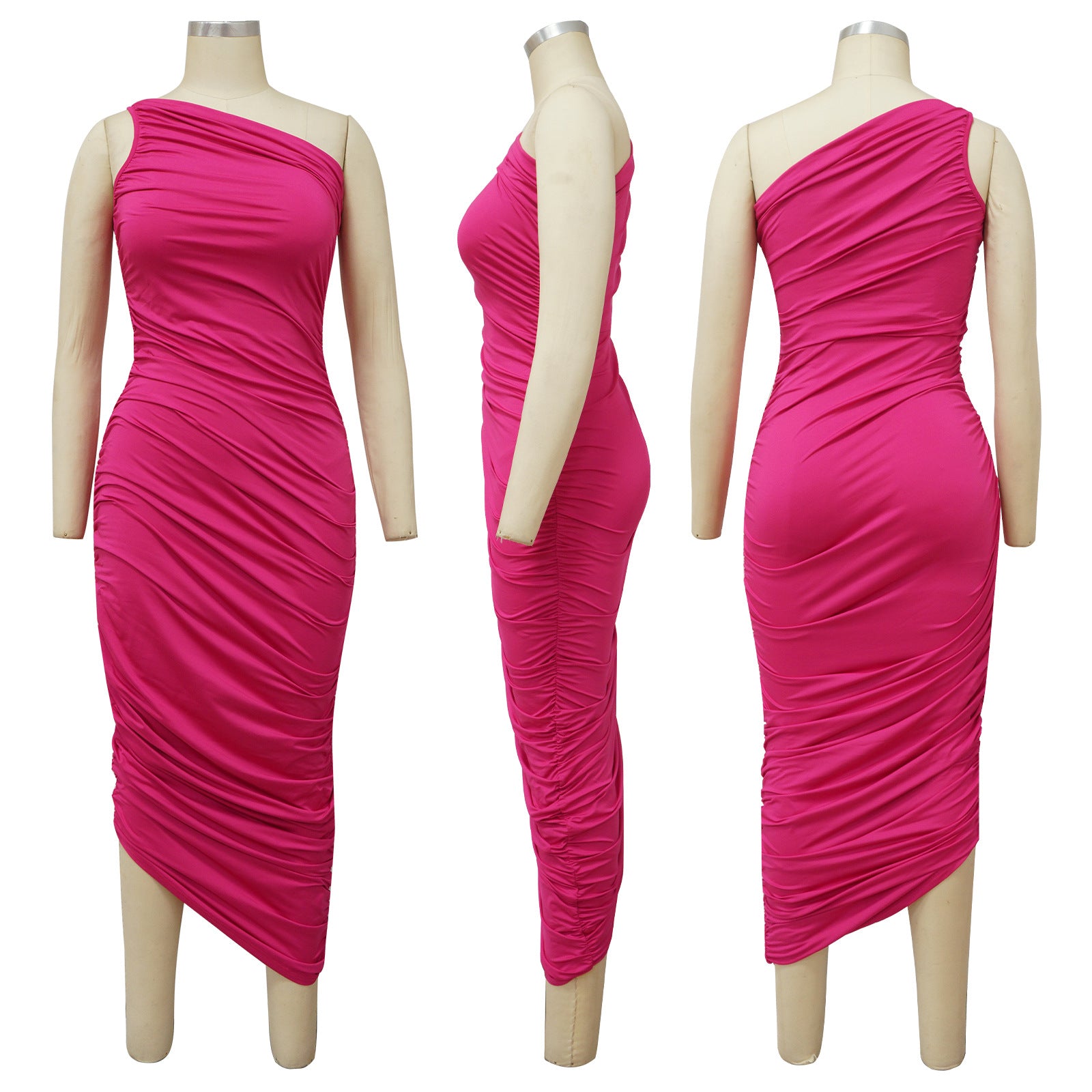Sexy Sexy Solid Color Sloping Shoulder Ruched Slim Dress