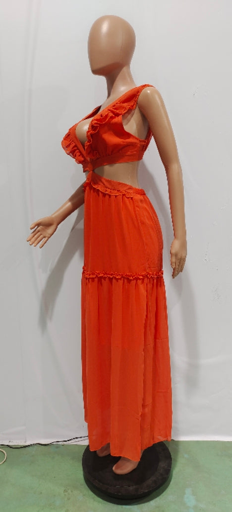 Sexy Sexy Ruffled V Neck Sleeveless Backless Hollow Maxi Dress