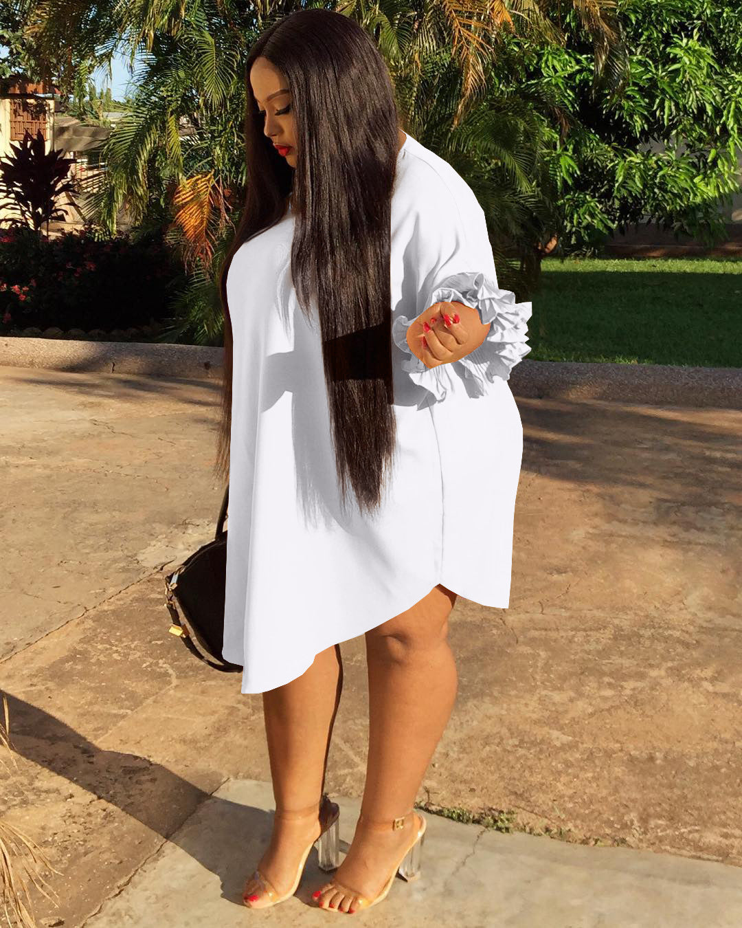Sexy Plus Size Solid Ruffled Sleeve Loose Dress