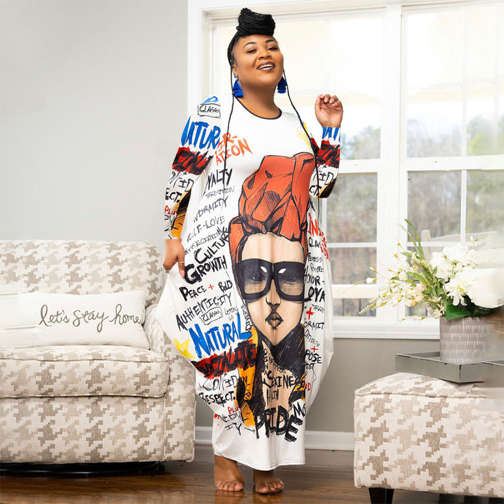 Sexy Plus Size Printed Long Sleeve Loose Maxi Dress