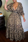 Sexy Leopard Print V Neck Half Sleeve Maxi Dress