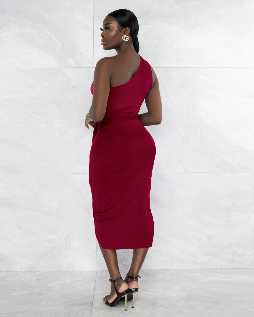 Sexy Solid One Shoulder Sleeveless Sashes Midi Dress