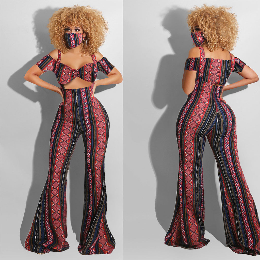 Sexy Print Tube Top Short Sleeve Sling Flared Pants Two Piece Sets (Without Mask)