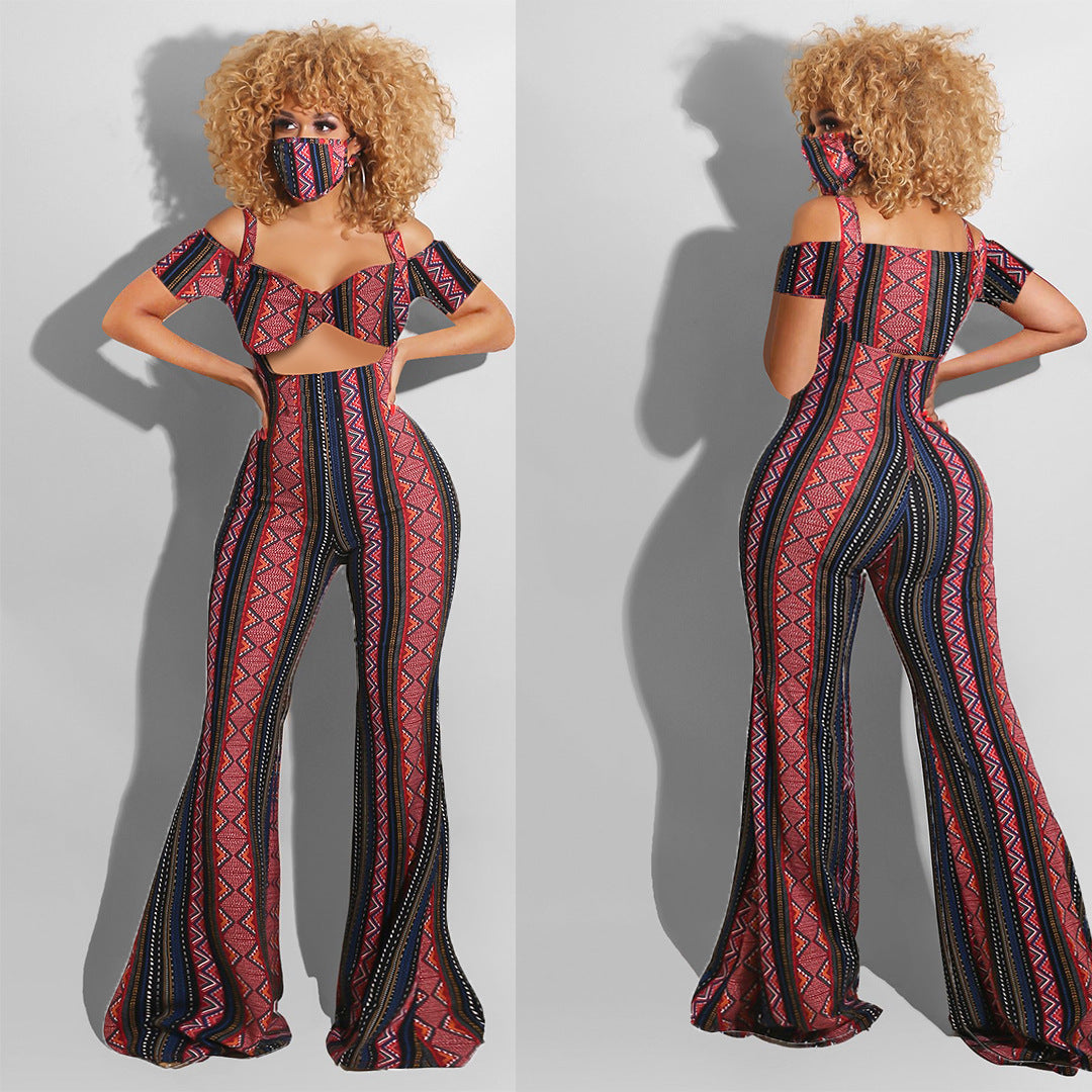 Sexy Print Tube Top Short Sleeve Sling Flared Pants Two Piece Sets (Without Mask)