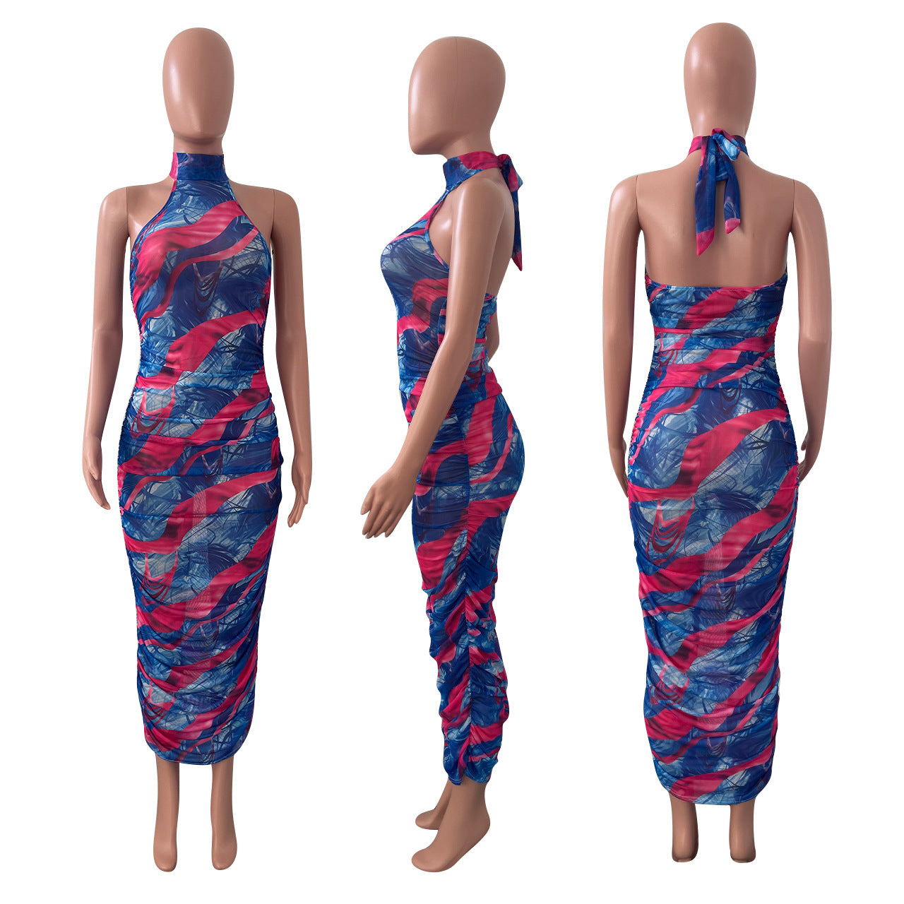 Sexy Sexy Mesh Print Halter Ruched Maxi Dress