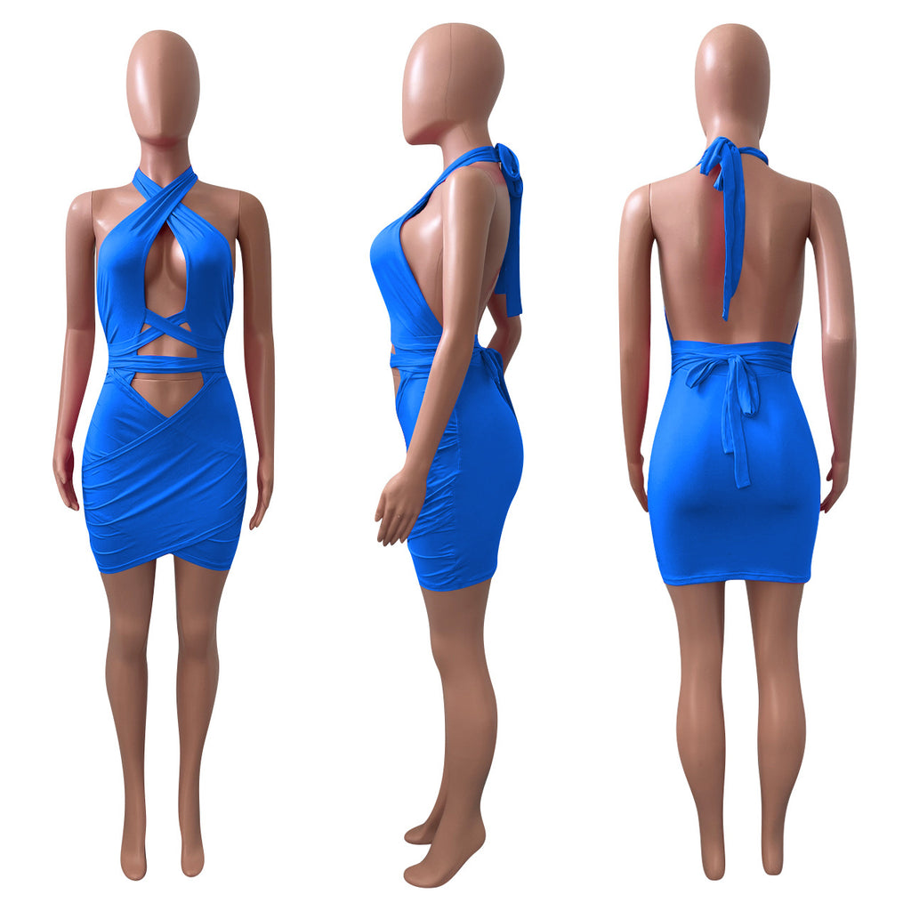 Sexy Sexy Halter Backless Hollow Out Bandage Mini Dress