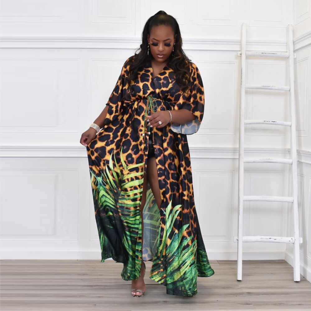 Sexy Plus Size Leopard  V Neck Split Maxi Dress