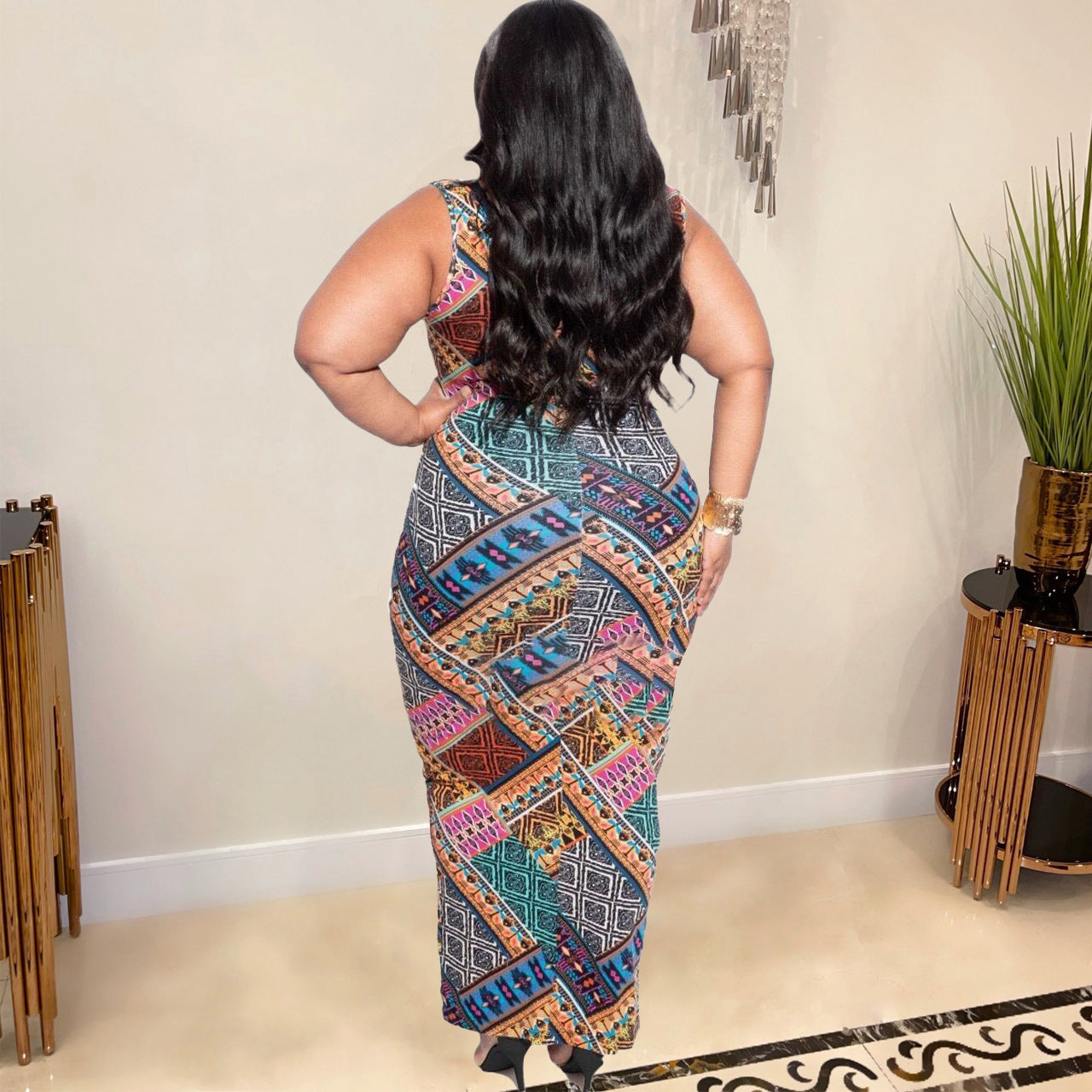 Sexy Plus Size Printed Sleeveless Maxi Dress