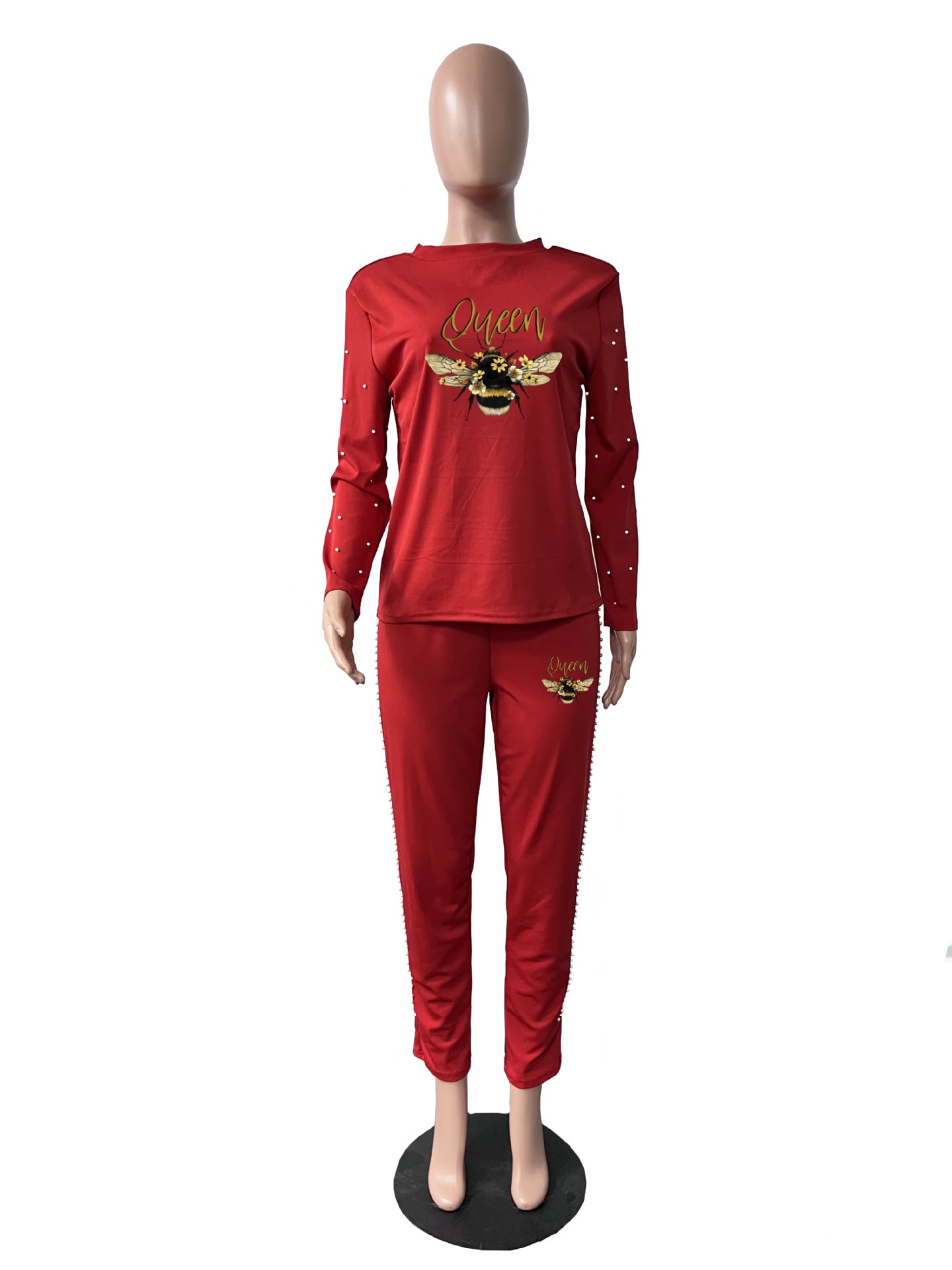 Sexy Plus Size Pearl Decorated Long Sleeve Pants Print 2 Piece Set
