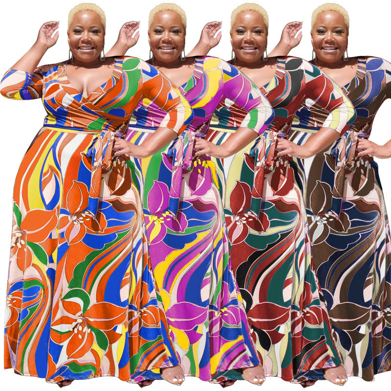 Sexy Plus Size Printed V Neck Sashes Maxi Dress