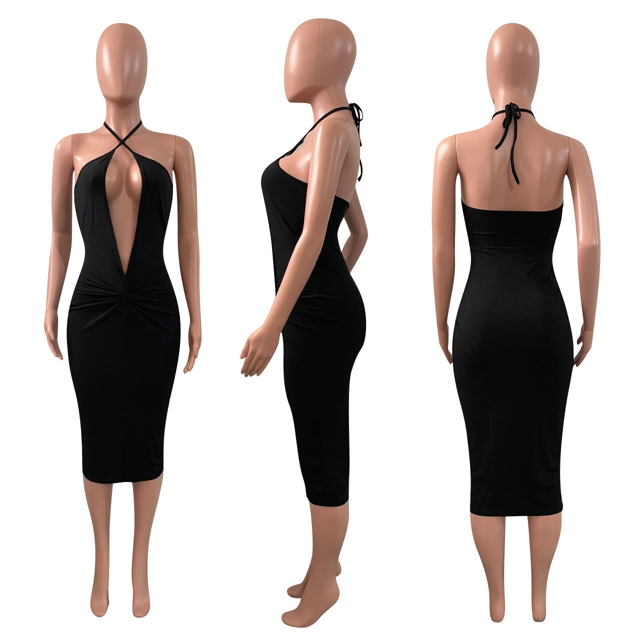 Sexy Solid Deep V Neck Halter Midi Dress