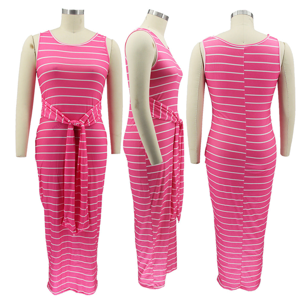 Sexy Plus Size Striped Sleeveless Sashes Maxi Dress