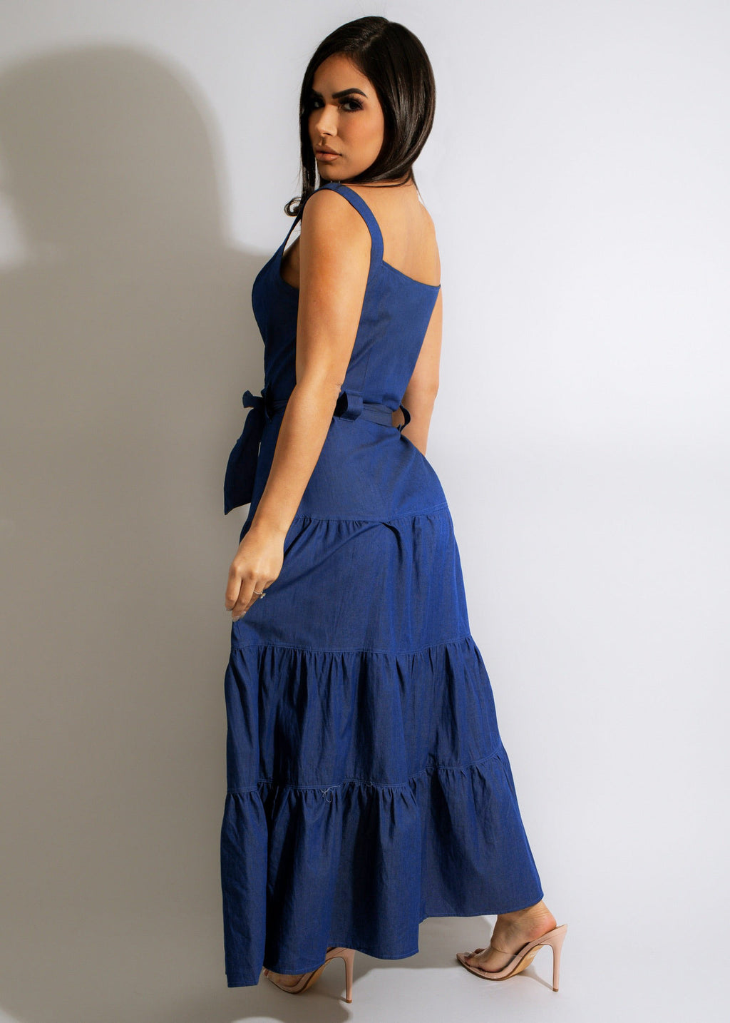 Sexy Denim Sleeveless Sling Sashes Maxi Dress