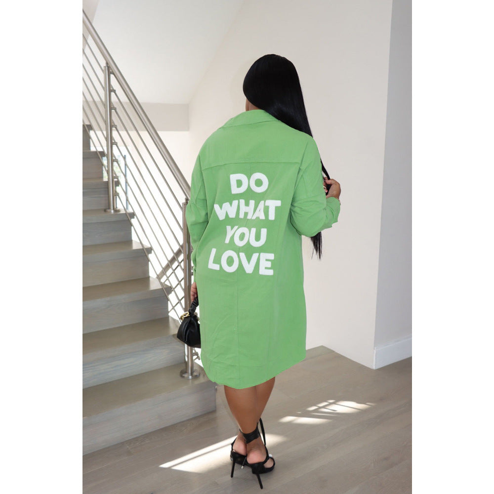 Sexy Letter Print Long Sleeve Loose Shirt Dress