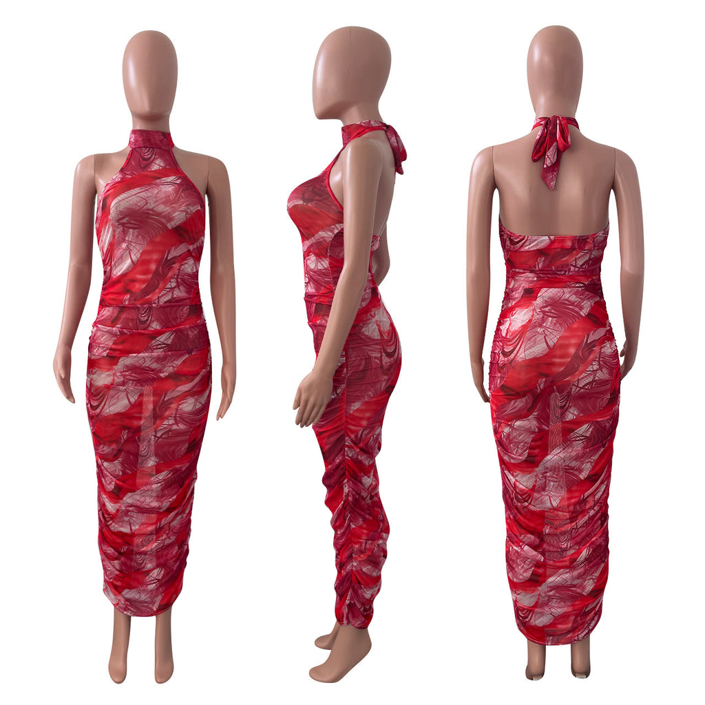 Sexy Sexy Mesh Print Halter Ruched Maxi Dress