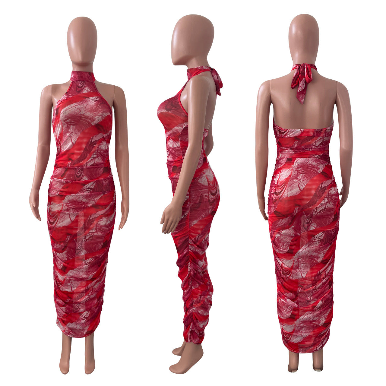 Sexy Sexy Mesh Print Halter Ruched Maxi Dress