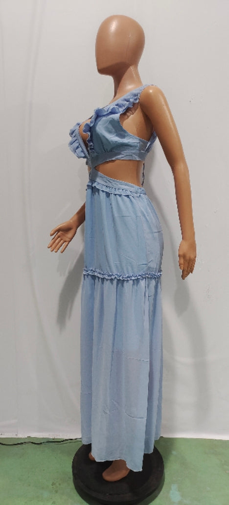 Sexy Sexy Ruffled V Neck Sleeveless Backless Hollow Maxi Dress