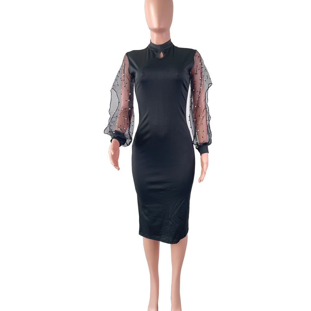 Sexy Solid Fashion Bead Long Sleeve Slim Midi Dress