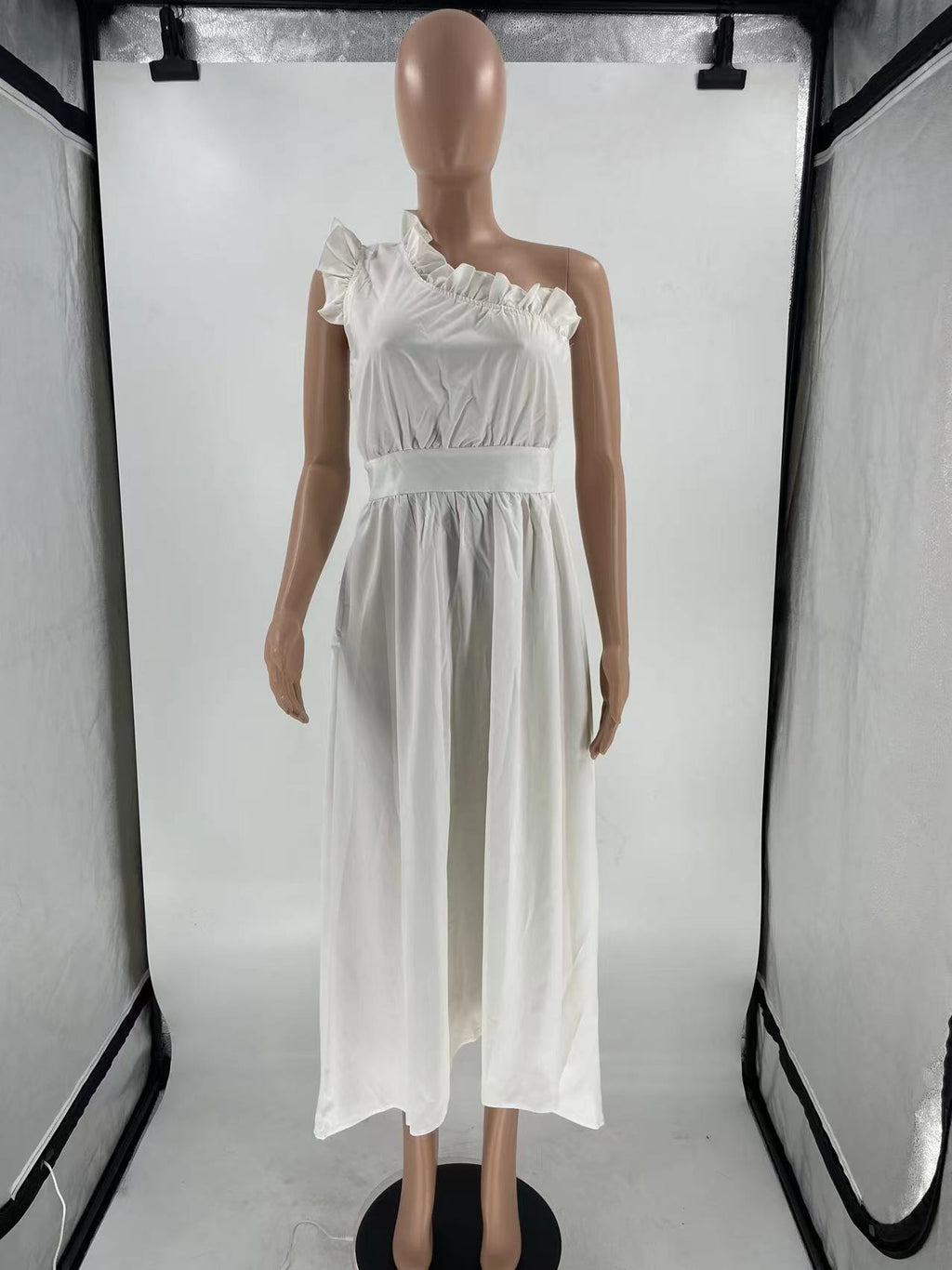 Sexy Solid One Shoulder Ruffled High Waist Midi Dress