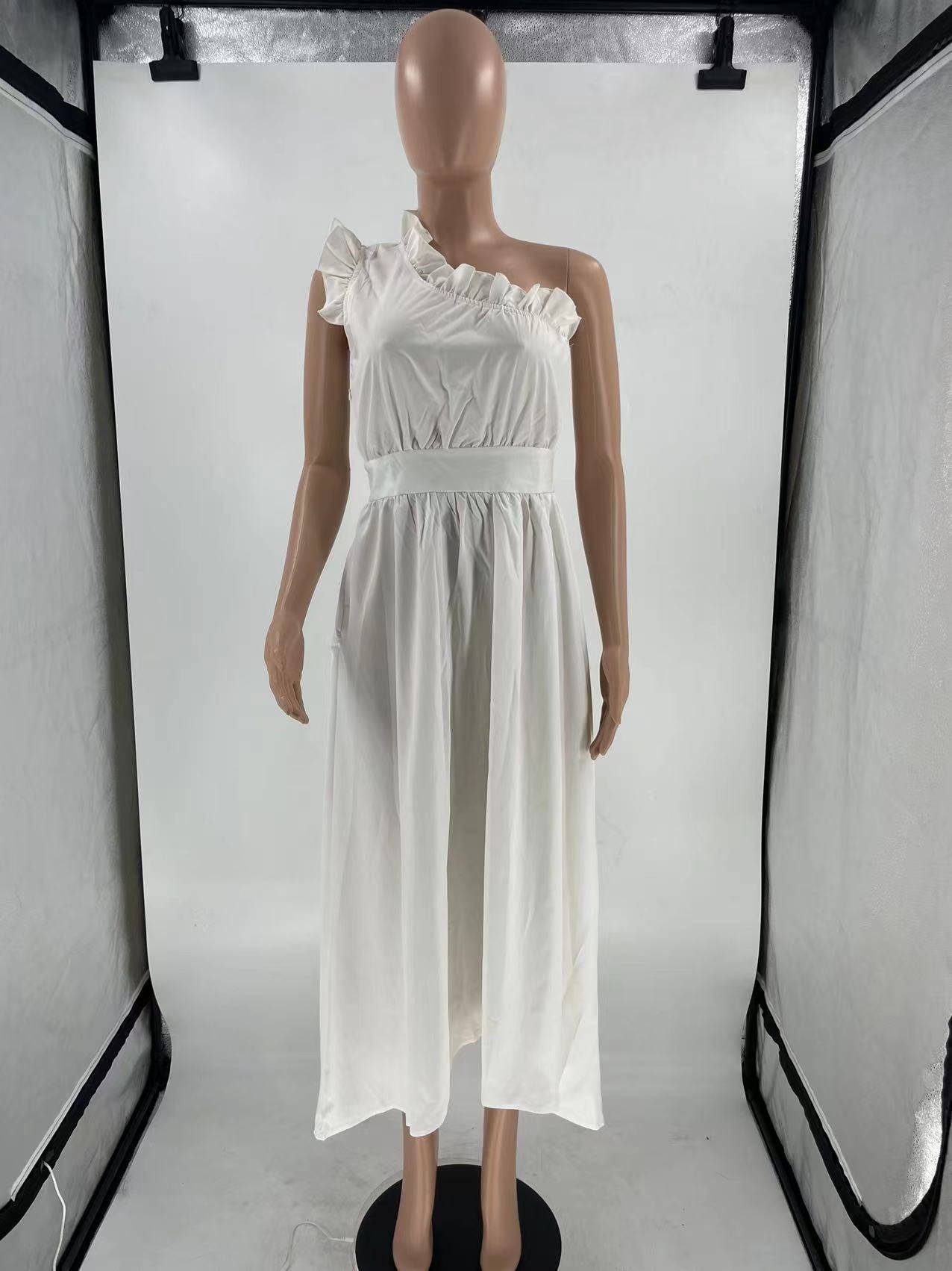 Sexy Solid One Shoulder Ruffled High Waist Midi Dress