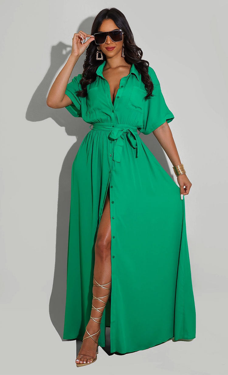 Sexy Solid Short Sleeve Sashes Maxi Dress