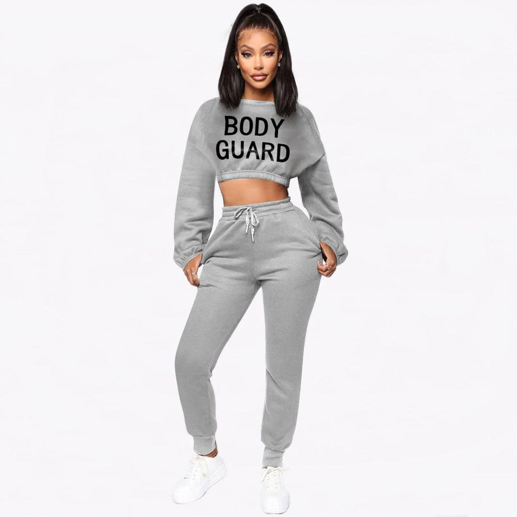 Sexy Letter Print Sweatshirt And Pant Solid Two Piece Set