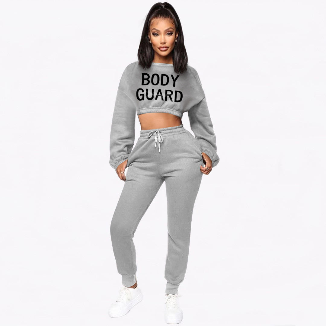 Sexy Letter Print Sweatshirt And Pant Solid Two Piece Set