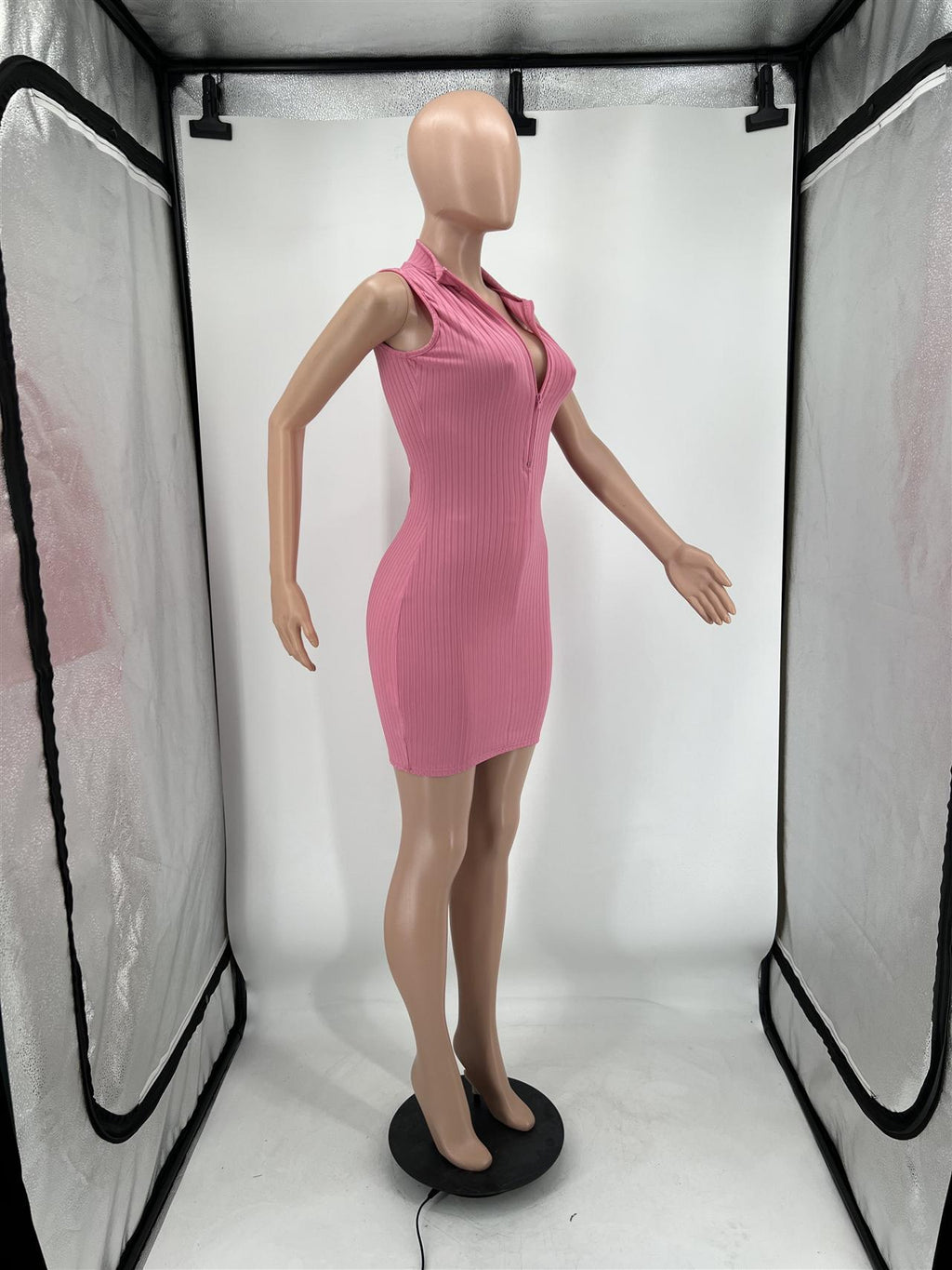 Sexy Solid Ribbed Sleeveless Zipper Slim Mini Dress