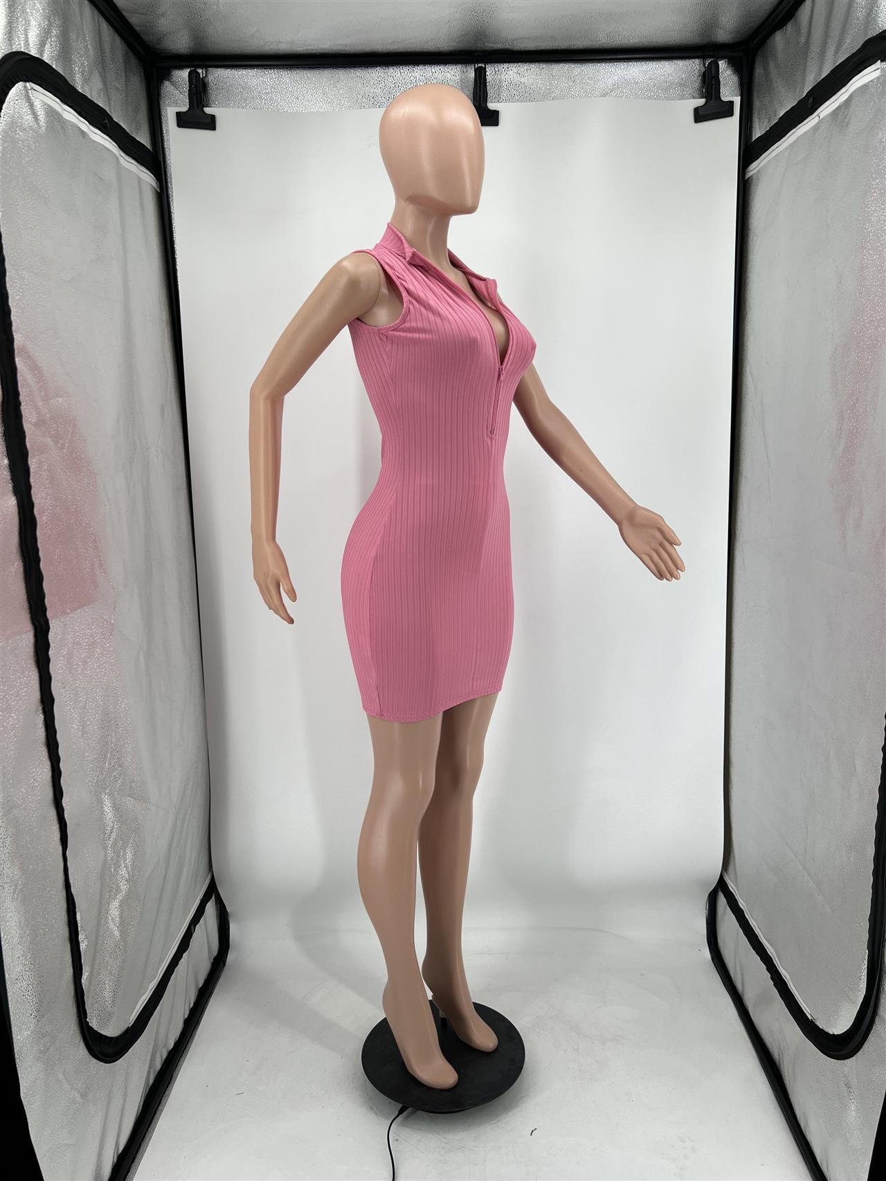 Sexy Solid Ribbed Sleeveless Zipper Slim Mini Dress