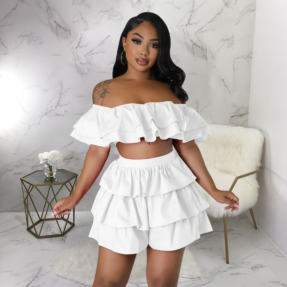 Sexy Ruffle Off Shoulder Tops Skirt Two Piece Set