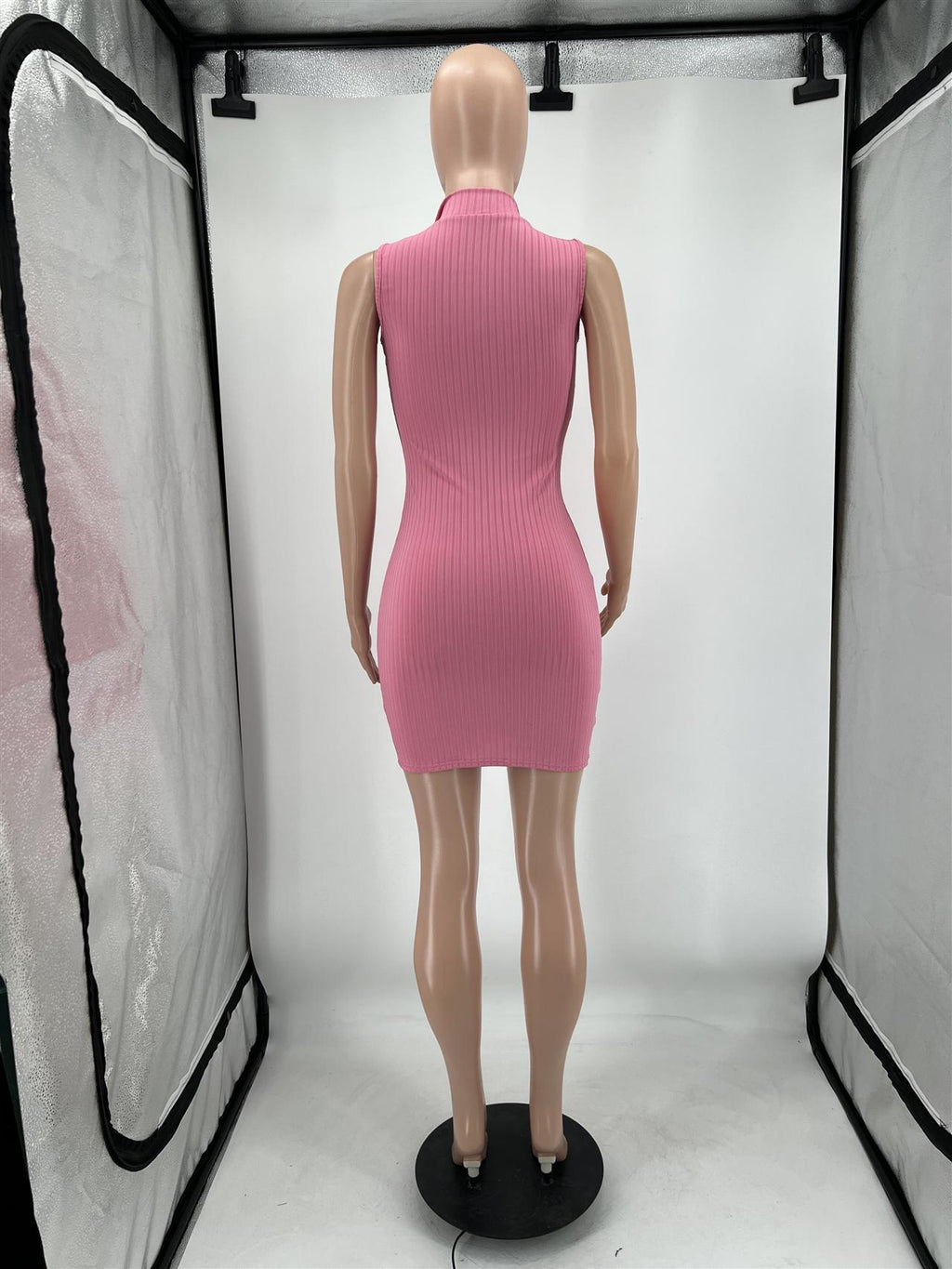 Sexy Solid Ribbed Sleeveless Zipper Slim Mini Dress