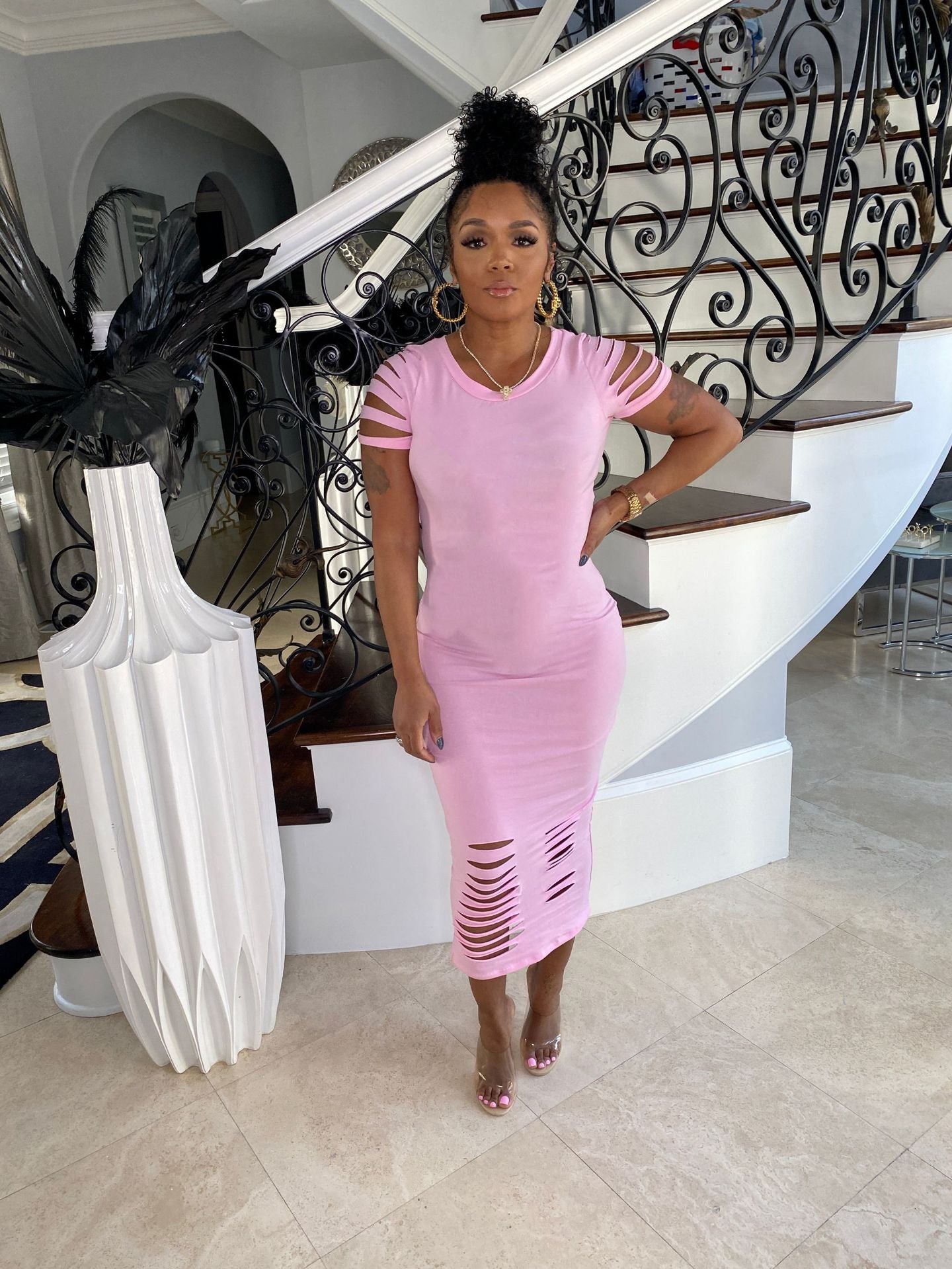 Sexy Solid Hole Short Sleeve Maxi Dress