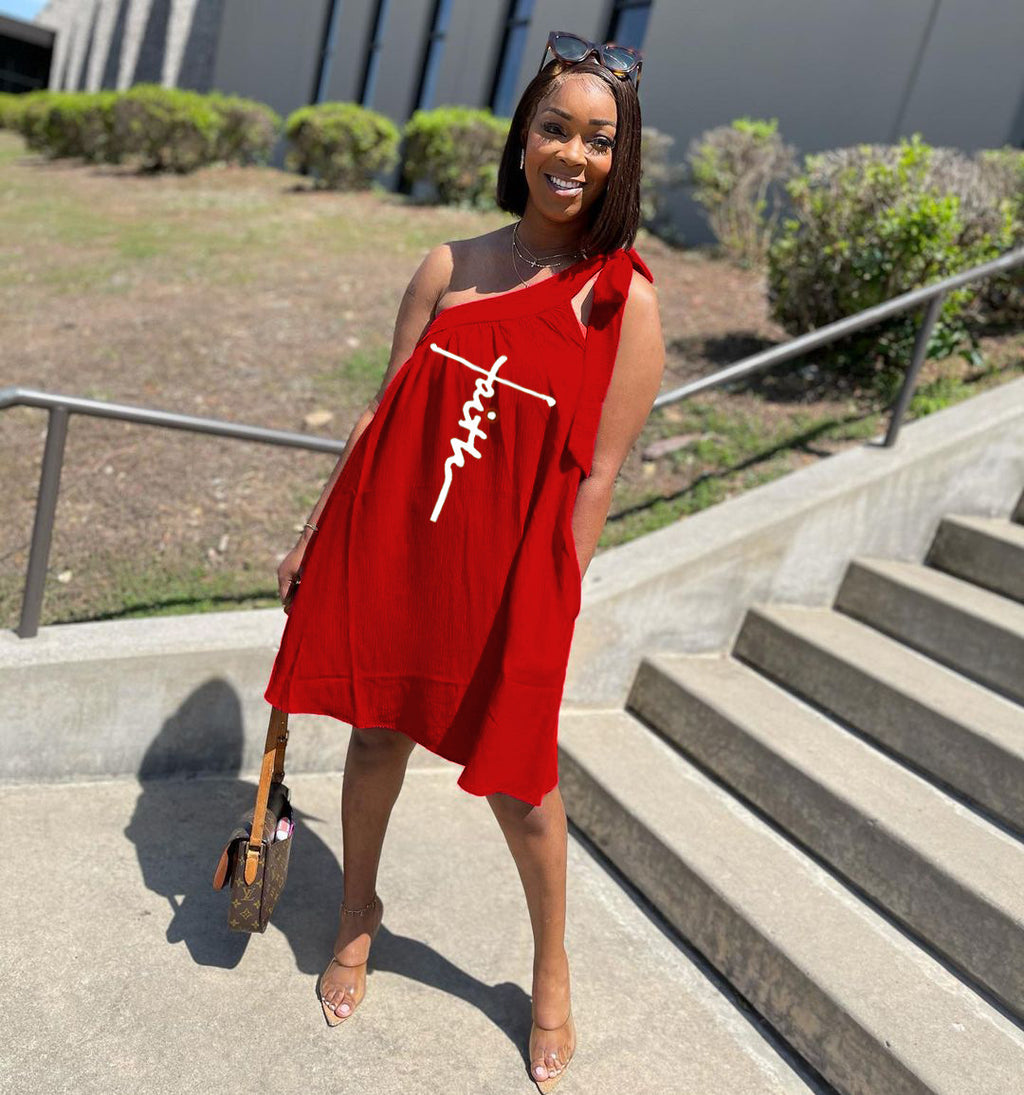 Sexy Letter Print One Shoulder Sleeveless Loose Dress